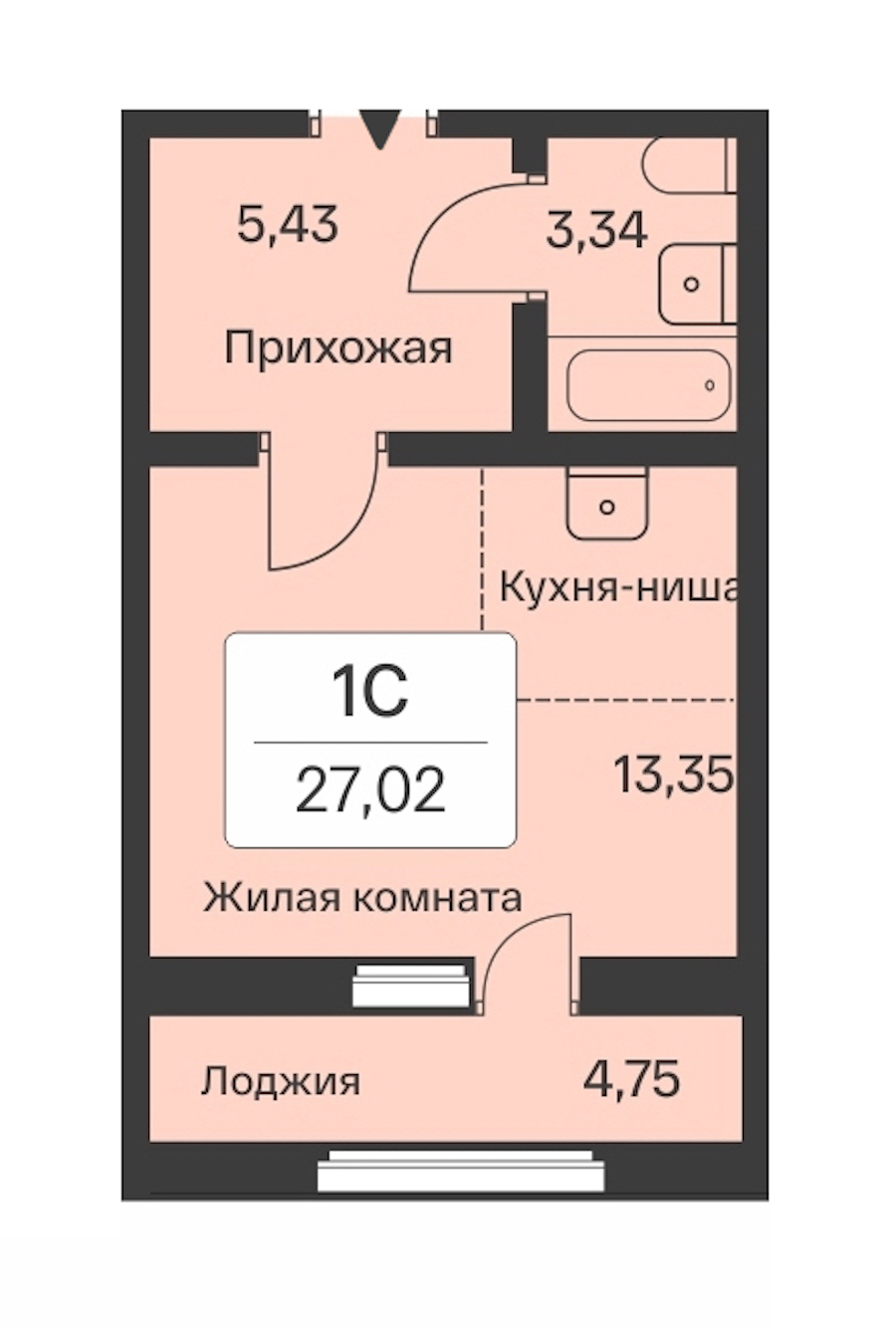 Квартира студия 27.02 м², 10/10 эт., ЖК «Расцветай в Янино»